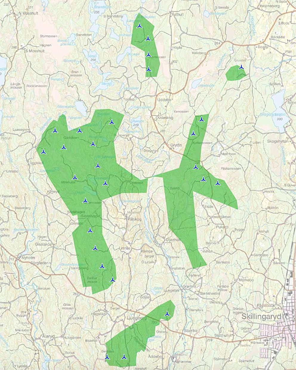 De fem vindbruksområdena är markerade i grönt.  Skillingaryd skymtar i sydöstra hörnet på bilden. 