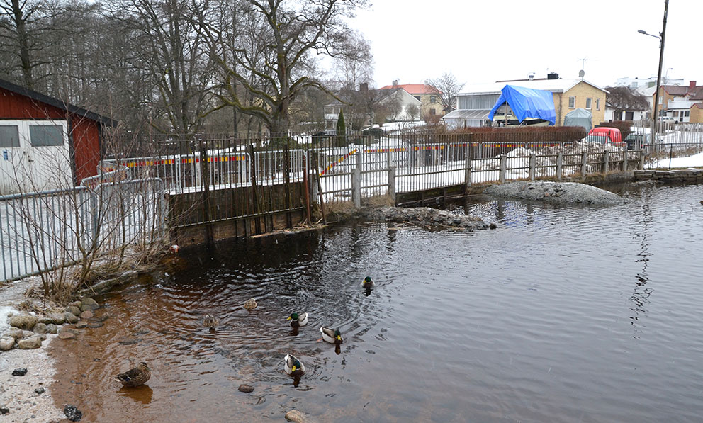 Egentligen är det fråga om två broar. Den närmast kvarnen fungerar som vattenintag för elproduktionen. Den bortre bron ägs av kommunen. 